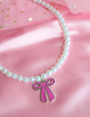 Pembe Fiyonk Kurdele Kadın İnci Kolye