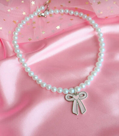 Toz Pembe Fiyonk Kurdele Kadın İnci Kolye