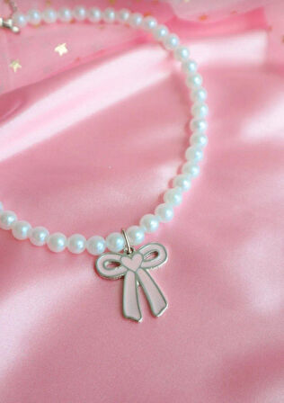 Toz Pembe Fiyonk Kurdele Kadın İnci Kolye