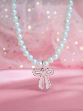 Toz Pembe Fiyonk Kurdele Kadın İnci Kolye