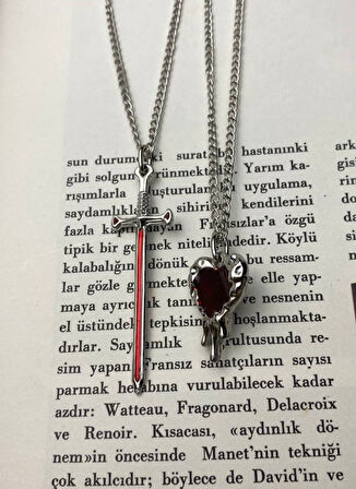 Birleşebilen Kılıç ve Kalp İkili Çift Gotik Gümüş Kaplama Kırmızı Mineli Kolye Seti