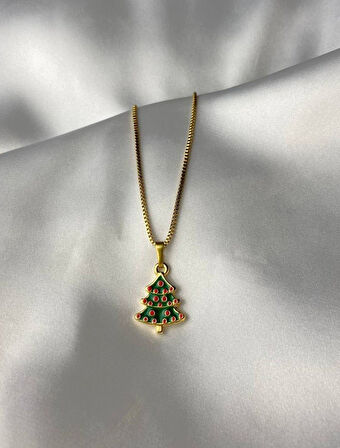 Süslenmiş Yılbaşı Ağacı Mineli Gold Kaplama Kolye