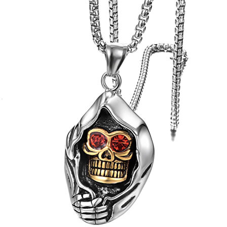 Kuru Kafa İslelet Gotik Erkek Kırmızı Göz Detaylı Paslanmaz Çelik Gümüş Kolye 