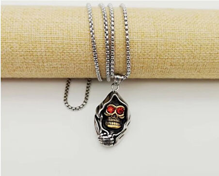 Kuru Kafa İslelet Gotik Erkek Kırmızı Göz Detaylı Paslanmaz Çelik Gümüş Kolye 
