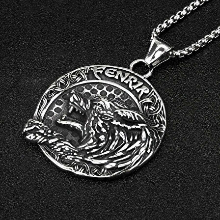 Çift Taraflı Kullanım Iskandinav Mitolojik Fenrir Kurt Kolye / Viking Pusula Gümüş Kolye