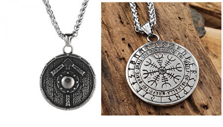 Viking Nordik Kalkanı Vegvisir kolye İskandinav  Paslanmaz Çelik Gümüş Çift Taraflı Kolye