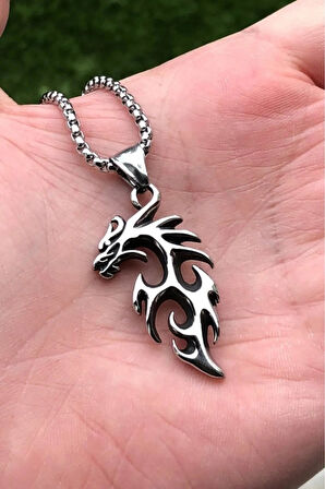 Gotik Kurukafa Ejderha  Viking Pentagram Kararmaz  Paslanmaz Vintage 316L Çelik Kolye