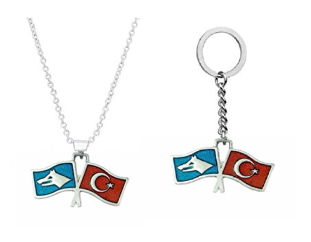 Türk Bozkurt İkili Bayrak Kolye Anahtarlık&Çanta Süsü 2 li Set