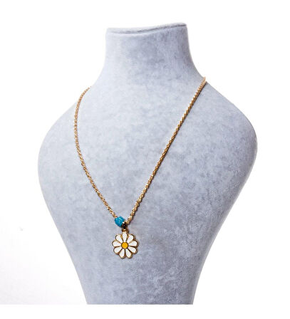 Papatya Figürlü Mavi Boncuk Detaylı Gold Altın Kaplama Kolye