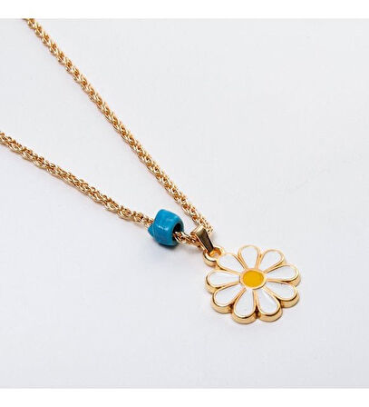 Papatya Figürlü Mavi Boncuk Detaylı Gold Altın Kaplama Kolye