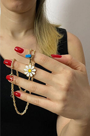 Papatya Figürlü Mavi Boncuk Detaylı Gold Altın Kaplama Kolye