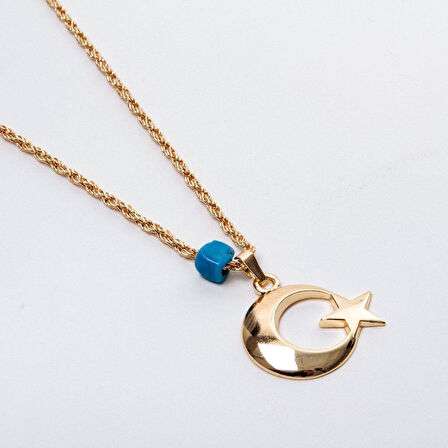 Ay Yıldız Mavi Boncuk Detaylı Gold Altın Kaplama Kolye