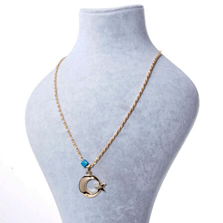 Ay Yıldız Mavi Boncuk Detaylı Gold Altın Kaplama Kolye