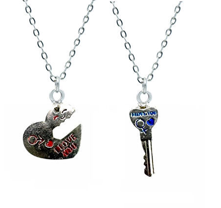 Kalp Kilit İkili Kolye Çift 60cm Gümüş Kaplama