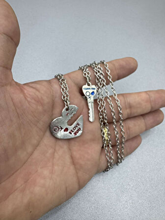 Kalp Kilit İkili Kolye Çift 60cm Gümüş Kaplama