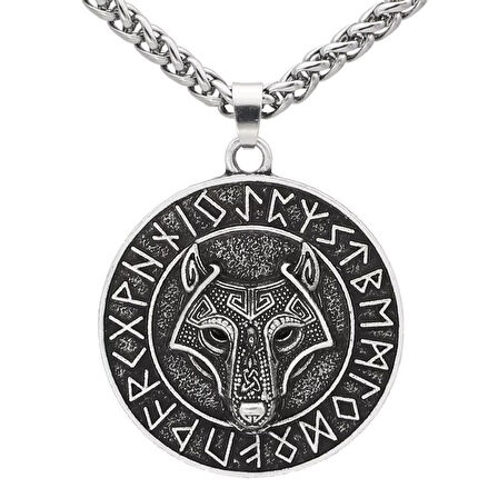 Viking Savaşçı Kurt Kabartma Nordik İskandinav Rune Titanyum Paslanmaz Çelik Erkek Kolye 3D