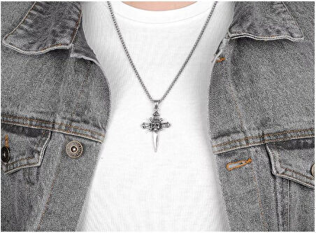 Gotik Haç Kuru Kafa Erkek 316L Paslanmaz Çelik Takı Kolye