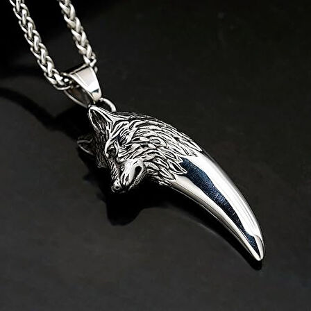 İskandinav Viking Kurt Kafası Kolye Gotik Dişi Kurt Paslanmaz Çelik Kolye