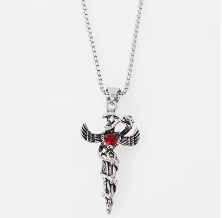 Gotik Witchcraft Haç Vintage Ejder Kanatlı Zirkon Taş 316L Çelik Unisex Paslanmaz Kolye