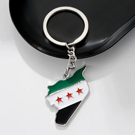 Suriye Haritası Bayrağı Metal Gümüş Anahtarlık