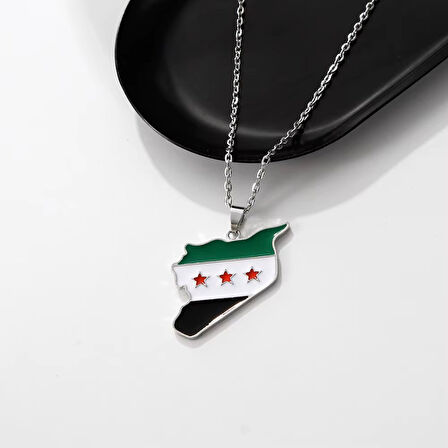 Suriye Haritası Bayrağı Metal Gümüş Kolye 
