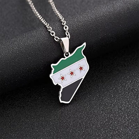 Suriye Haritası Bayrağı Metal Gümüş Kolye 