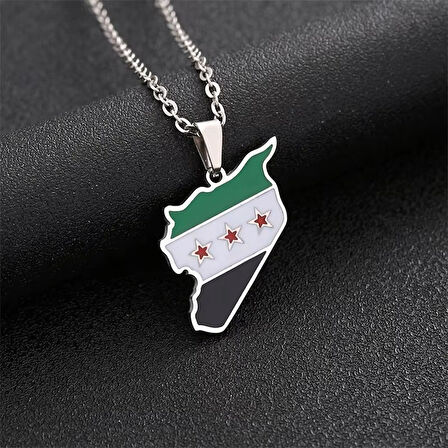 Suriye Haritası Bayrağı Metal Gümüş Kolye 