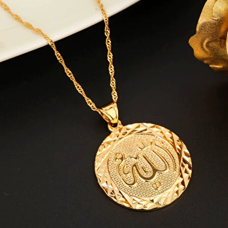 Allah Lafzı Gold Altın Kaplama Yuvarlak Kadın Kolye