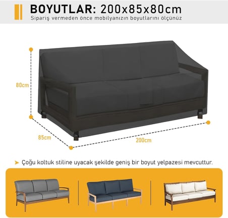 Çift Kişilik Bahçe Koltuk Örtüsü, Koruma Kılıfı, Su Geçirmez Açık Hava Bahçe Mobilya Kılıfları, Dış Mekan Sandalye Kılıfı Örtü Branda, Ağır Hizmet Tipi, 200-85-80cm - Siyah