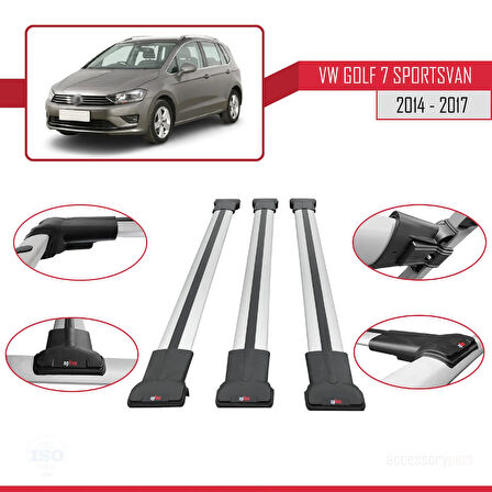 Volkswagen Golf Sportvan 2014-2017 Arası ile Uyumlu FLY Model Ara Atkı Tavan Barı Gri 3 Adet