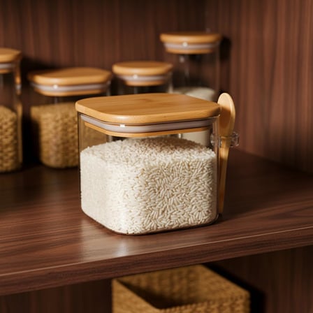 600 ml Bambu Kapaklı ve Kaşıklı Kare Cam Kavanoz, Vakumlu Ahşap Kapaklı Baharatlık, Kendinden Kaşık Yuvalı Şeker, Kahve ve Banyo Tuzu Saklama Kabı