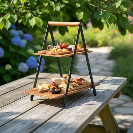 2 Katlı Akasya Ahşap Sunum Standı - Silikon Kaplamalı Siyah Metal Gövdeli Meyvelik Kurabiyelik Kahve Köşesi ve Mutfak Banyo Düzenleyici Organizer (16 x 26.5 x 34 cm)