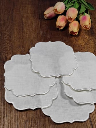 Beyaz Nakışlı Beyaz Kumaş İşlemeye Uygun Linen Keten Etamin Kumaş Kahve Yanı Kokteyl Sunum Peçete6lı