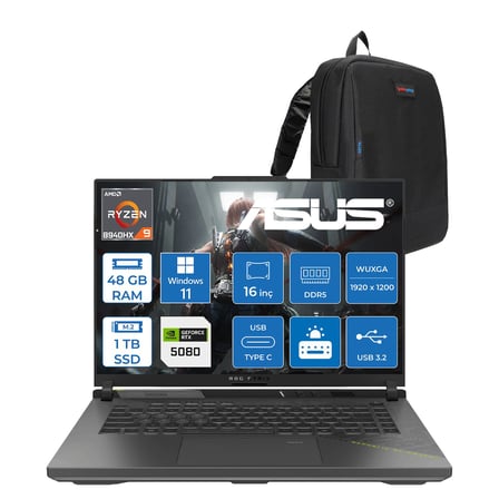 Asus Rog Strix G16 G614PW Amd Ryzen 9 8940HX Aı 48GB Ddr5 1tb SSD 16GB/RTX5080 175W  16-Inch Fhd+ 165Hz 3ms 100%SRGB (1920 x 1200, Wuxga) WINDOWS11PRO Gaming Laptop WRV038P19+ZETTAÇANTA