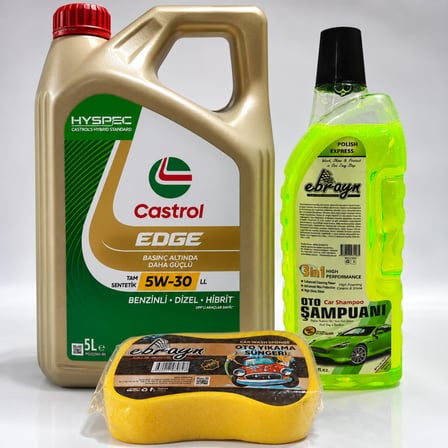 CASTROL EDGE MOTOR YAĞI 5W-30 5 Litre + Oto Şampuan 1000 ml + Yıkama Süngeri