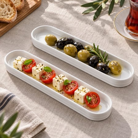 Deconox Porselen Oval Tabak 2’li Set, 26,2 × 7 × 1,9 cm, Beyaz İnce Uzun Zeytinlik, Kahvaltılık Peynir Meze ve Atıştırmalık Sunum Servis Tabağı, 2 Adet