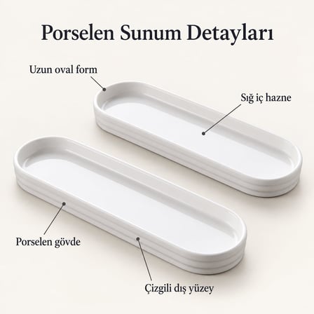 Deconox Porselen Oval Tabak 2’li Set, 26,2 × 7 × 1,9 cm, Beyaz İnce Uzun Zeytinlik, Kahvaltılık Peynir Meze ve Atıştırmalık Sunum Servis Tabağı, 2 Adet