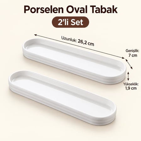 Deconox Porselen Oval Tabak 2’li Set, 26,2 × 7 × 1,9 cm, Beyaz İnce Uzun Zeytinlik, Kahvaltılık Peynir Meze ve Atıştırmalık Sunum Servis Tabağı, 2 Adet