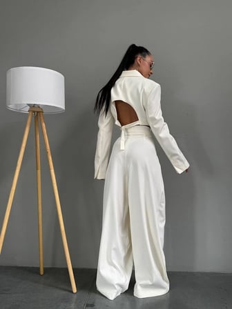 Crop Blazer Ceket ve Bol Paça Pantolon Takım - 3 Renk