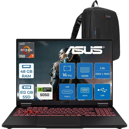 Asus Tuf Gaming A16 FA608UH Ryzen 7 260 Aı 48GB Ddr5 512GB SSD 16-Inch 8GB/RTX5050 115W, 1920 x 1200, Wuxga SRGB:100% 165Hz 3ms IPS Freedos Gaming Laptop ZRV099WF17+ZETTAÇANTA