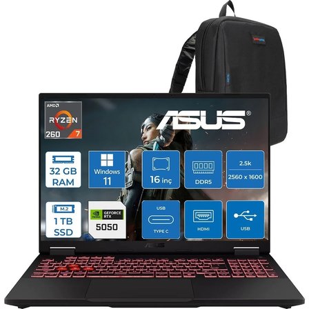 Asus Tuf Gaming A16 FA608UH Ryzen 7 260 Aı 32GB Ddr5 1tb SSD 16-Inch 8GB/RTX5050 115W, 1920 x 1200, Wuxga SRGB:100% 165Hz 3ms IPS WINDOWS11PRO Gaming Laptop ZRV099WP11+ZETTAÇANTA