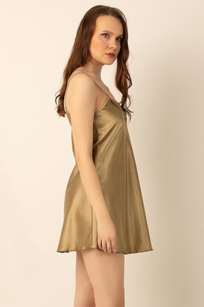 miorre İnce Askılı Güpürlü Mini Saten Gecelik,Ihlamur Yeşili L/Xl