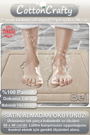 %100 Pamuk Dokuma Su Emici Banyo Paspası Ayak Desen 60x40 Cm (BEJ)