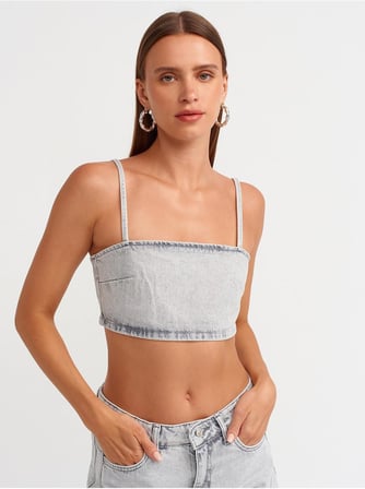 50735 Askılı Kısa Denim Straplez-Gri