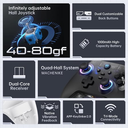 Machenike G3V2 Bluetooth Controller for Pc/Switch/Ios/Android, Hall Effect Joysticks, RGB Lighting Gaming Controller,2 Programmable Buttons,1000mah Battery With Charging Station, Blue