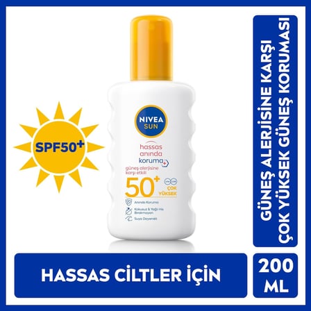 NIVEA SUN SPF50 Hassas Ciltlere Özel Çok Yüksek Güneş Koruyucu Sprey 200ml, Güneş Alerjisine Karşı Etkili,Kokusuz