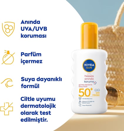 NIVEA SUN SPF50 Hassas Ciltlere Özel Çok Yüksek Güneş Koruyucu Sprey 200ml, Güneş Alerjisine Karşı Etkili,Kokusuz