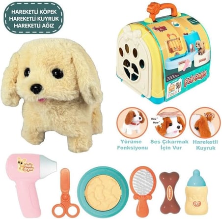 VARDEM Taşıma Çantalı Hareketli Pilli Köpek Seti, Pet Shop Oyuncak Köpek, Sesli ve Yürüyen Evcil Hayvan Oyuncağı, Aksesuarlı Çantalı Köpek Bakım Seti JND-3615