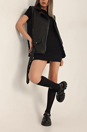 Kadın Siyah Apoletli Crop Deri Ceket