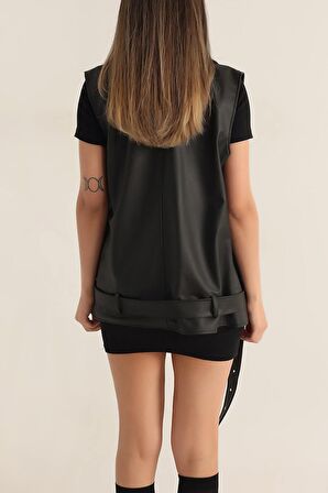 Kadın Siyah Apoletli Crop Deri Ceket